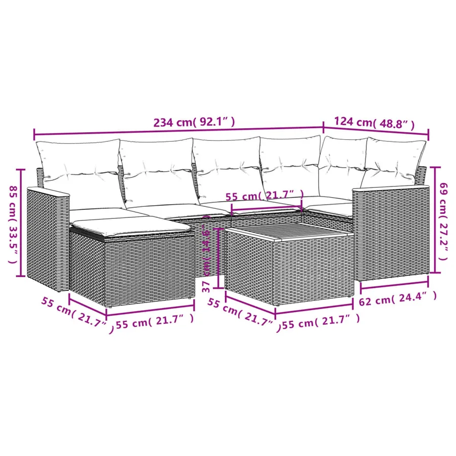 Salon de jardin 7 pcs avec coussins noir résine tressée 62 x 62 x 69 cm - 56,2 kg - 9