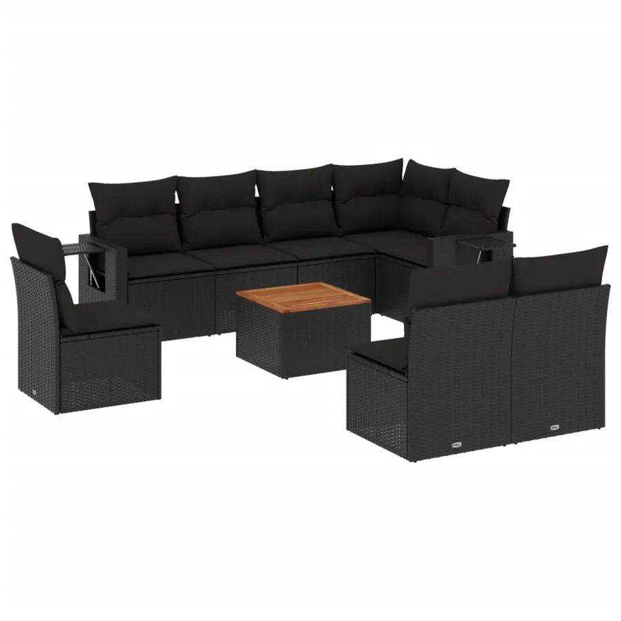 Salon de jardin 9 pcs avec coussins noir résine tressée - 2