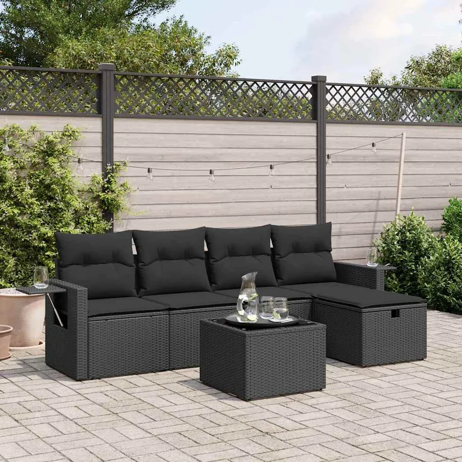 Salon de jardin 6 pcs avec coussins noir résine tressée