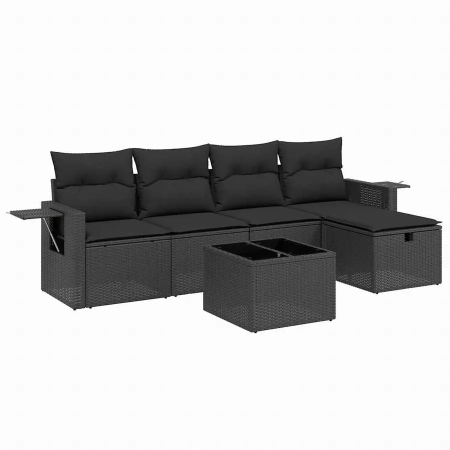 Salon de jardin 6 pcs avec coussins noir résine tressée - 2