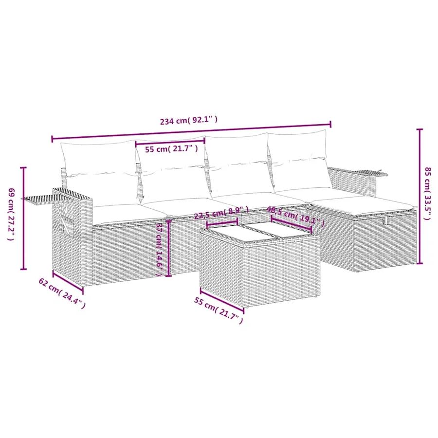 Salon de jardin 6 pcs avec coussins noir résine tressée - 4