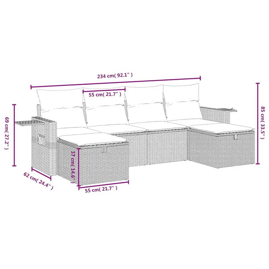 Salon de jardin 6 pcs avec coussins noir résine tressée - 4