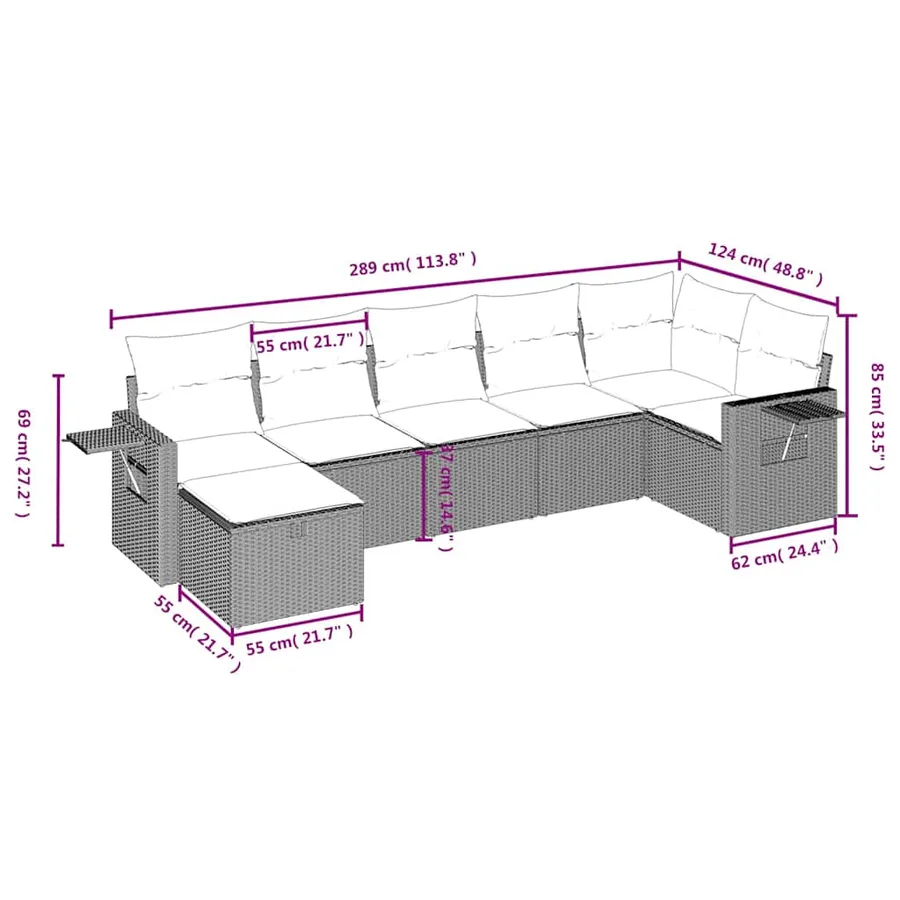 Salon de jardin 7 pcs avec coussins noir résine tressée 62 x 62 x 69 cm - 55,3 kg - 4
