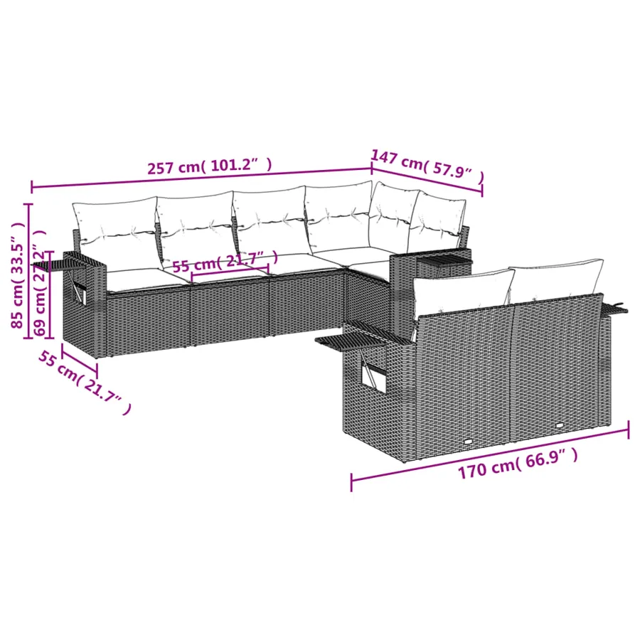 Salon de jardin 7 pcs avec coussins noir résine tressée 62 x 62 x 69 cm - 62,6 kg - 8