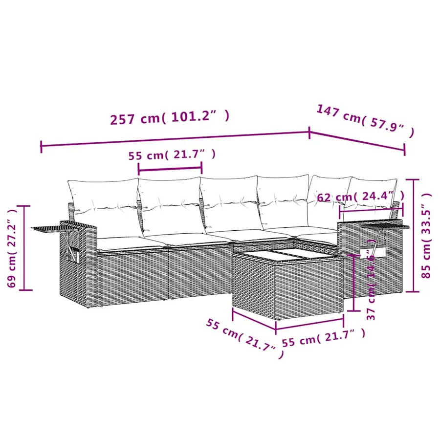 Salon de jardin 6 pcs avec coussins noir résine tressée - 9