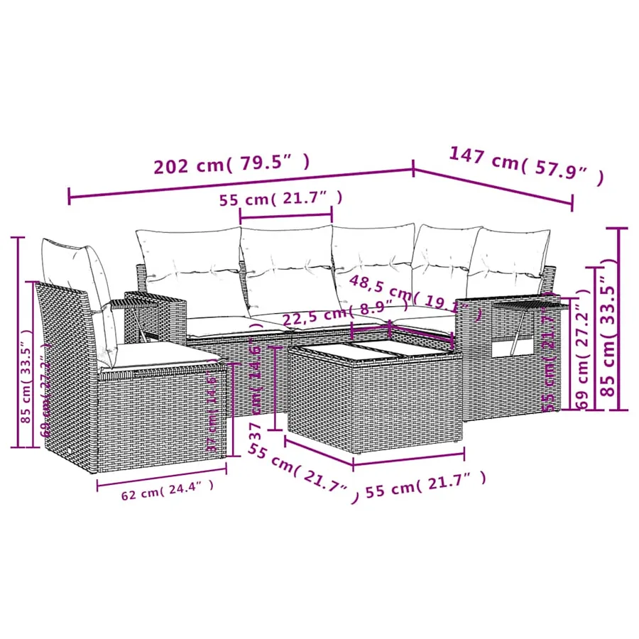 Salon de jardin 6 pcs avec coussins noir résine tressée - 9