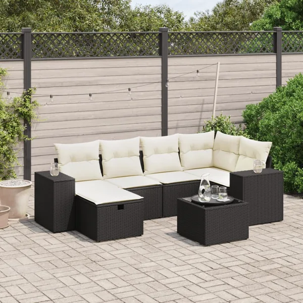 Salon de jardin 7 pcs avec coussins noir résine tressée 62 x 62 x 69 cm - 59,3 kg