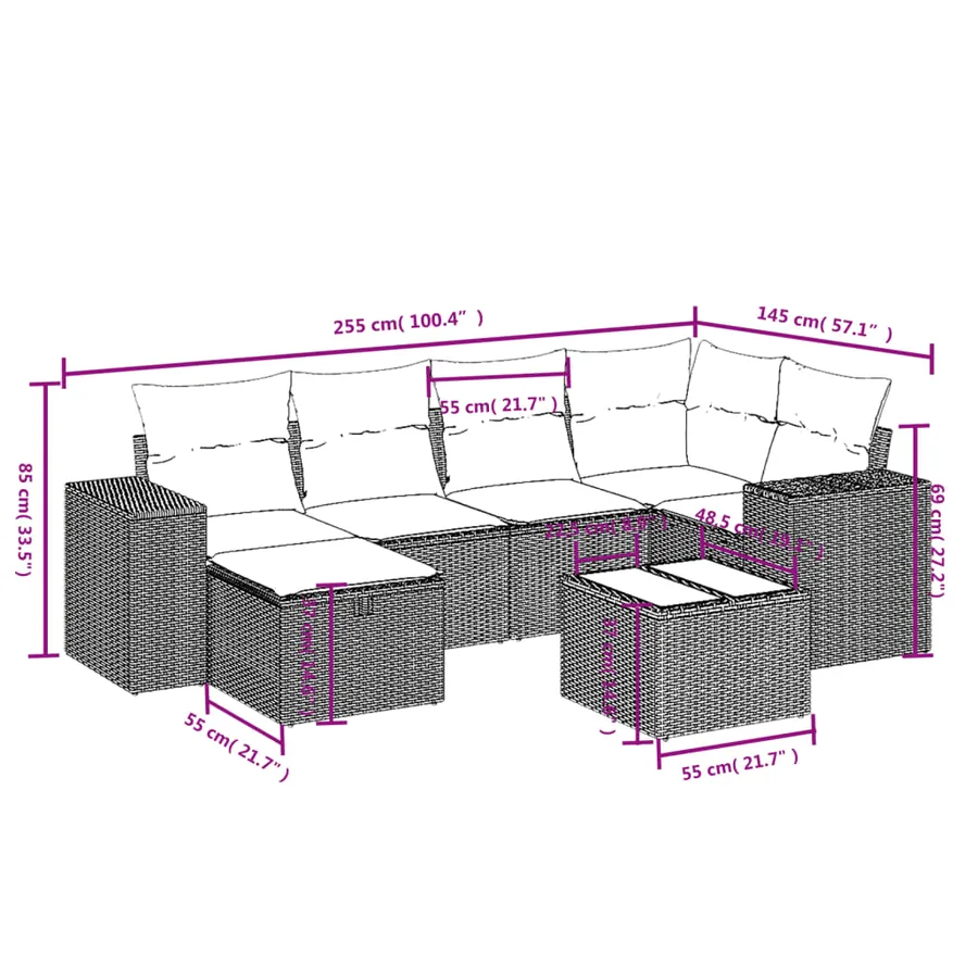 Salon de jardin 7 pcs avec coussins noir résine tressée 62 x 62 x 69 cm - 59,3 kg - 4