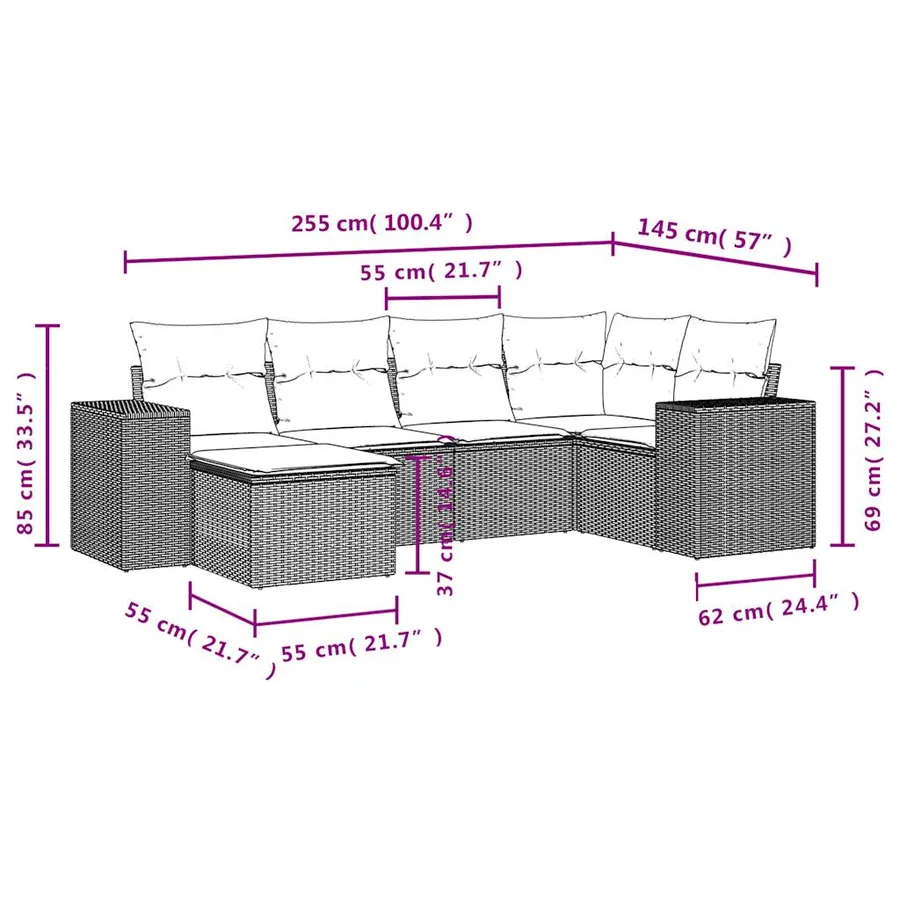 Salon de jardin 6 pcs avec coussins noir résine tressée - 8