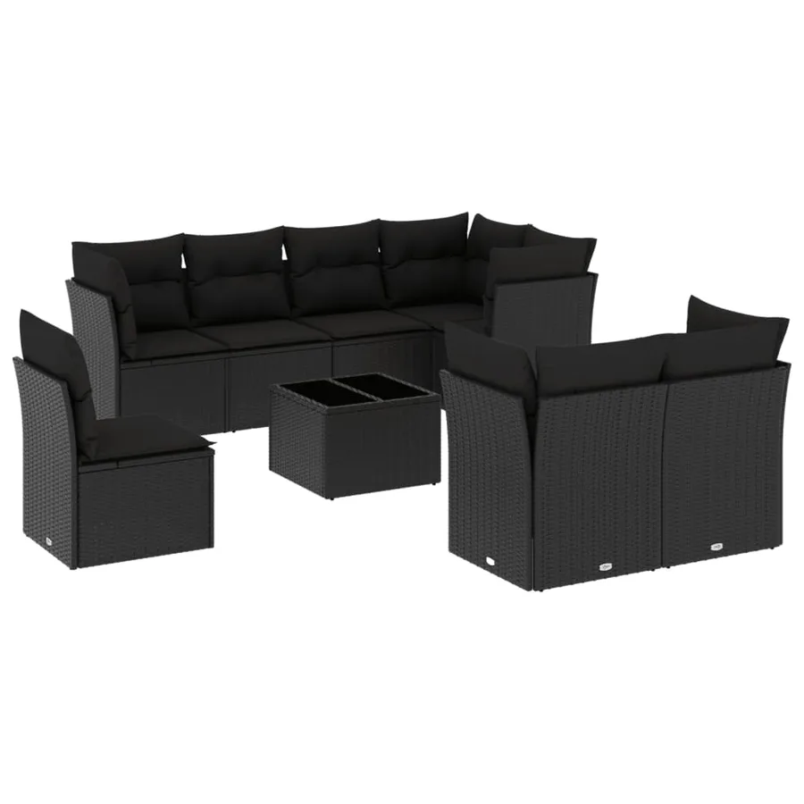 Salon de jardin 9 pcs avec coussins noir résine tressée - 2
