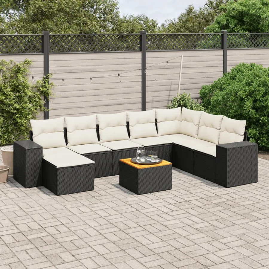 Salon de jardin 9 pcs avec coussins noir résine tressée