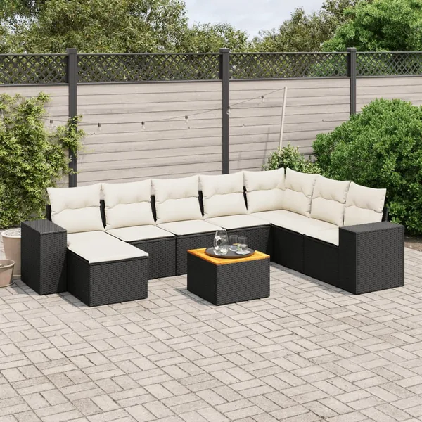 Salon de jardin 9 pcs avec coussins noir résine tressée