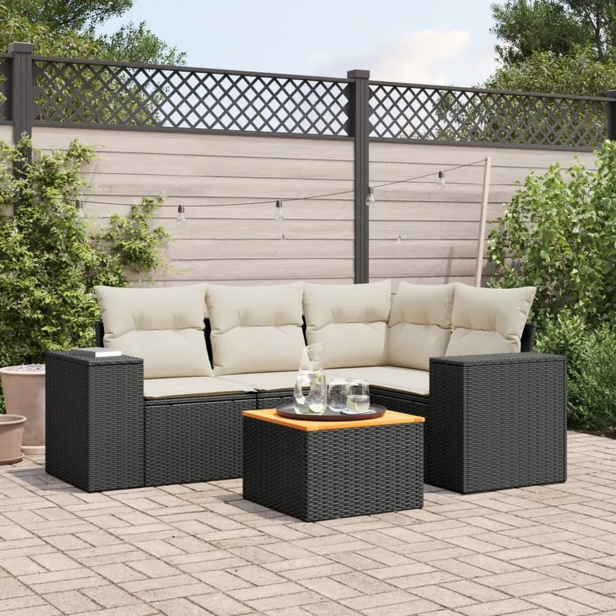 Salon de jardin 5 pcs avec coussins noir résine tressée
