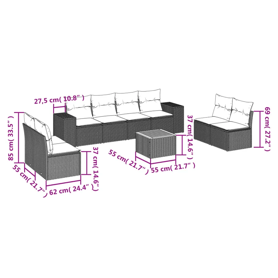 Salon de jardin 9 pcs avec coussins noir résine tressée - 3