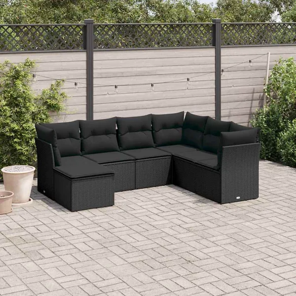 Salon de jardin 7 pcs avec coussins noir résine tressée 62 x 62 x 69 cm - 60,0 kg
