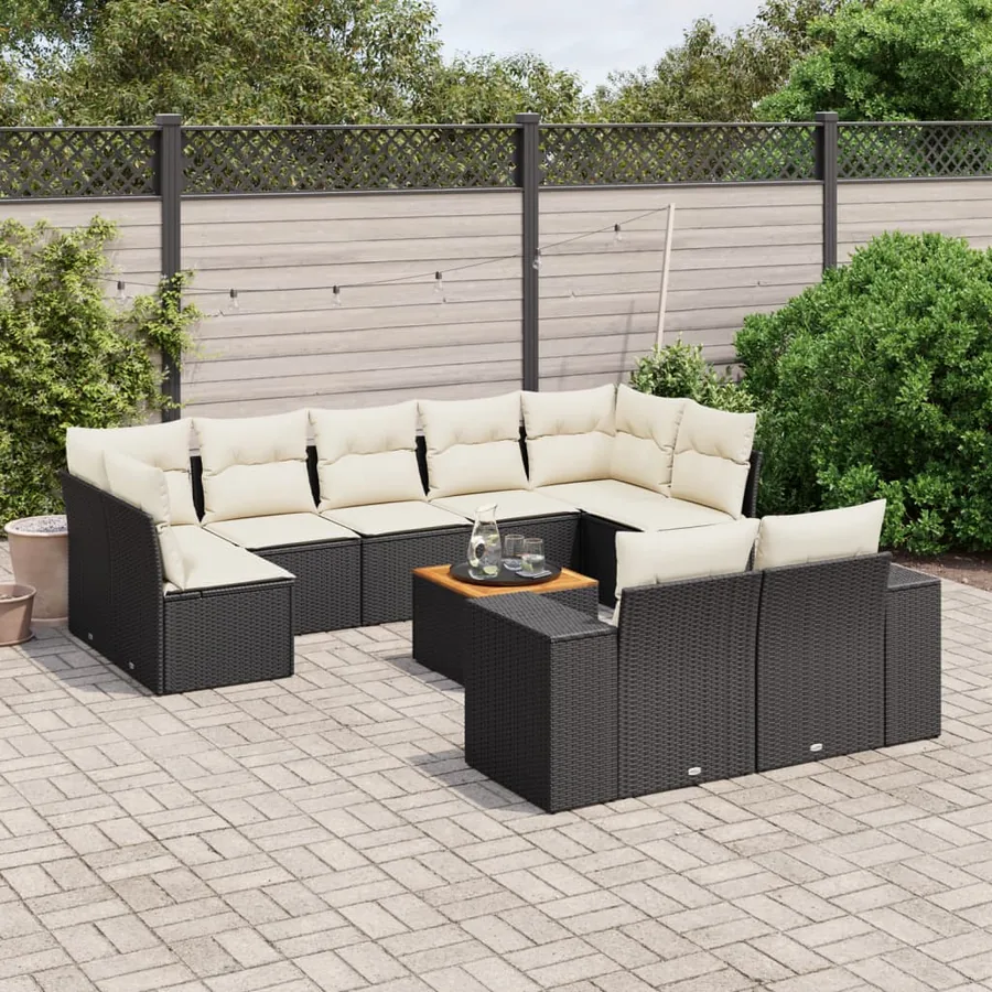 Salon de jardin 10 pcs avec coussins noir résine tressée