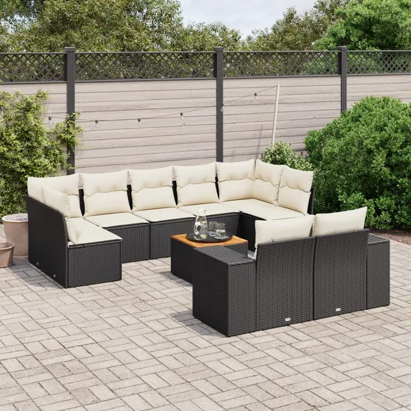 Salon de jardin 10 pcs avec coussins noir résine tressée