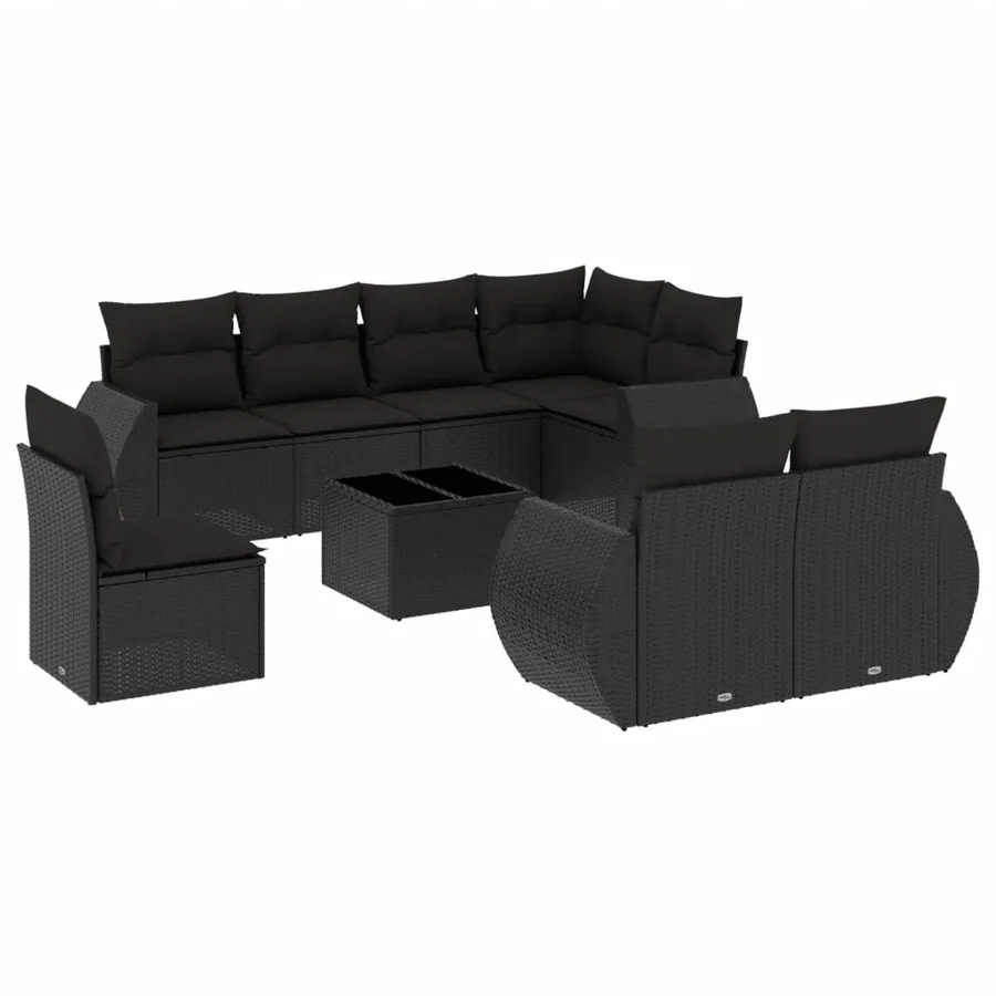 Salon de jardin 9 pcs avec coussins noir résine tressée - 2