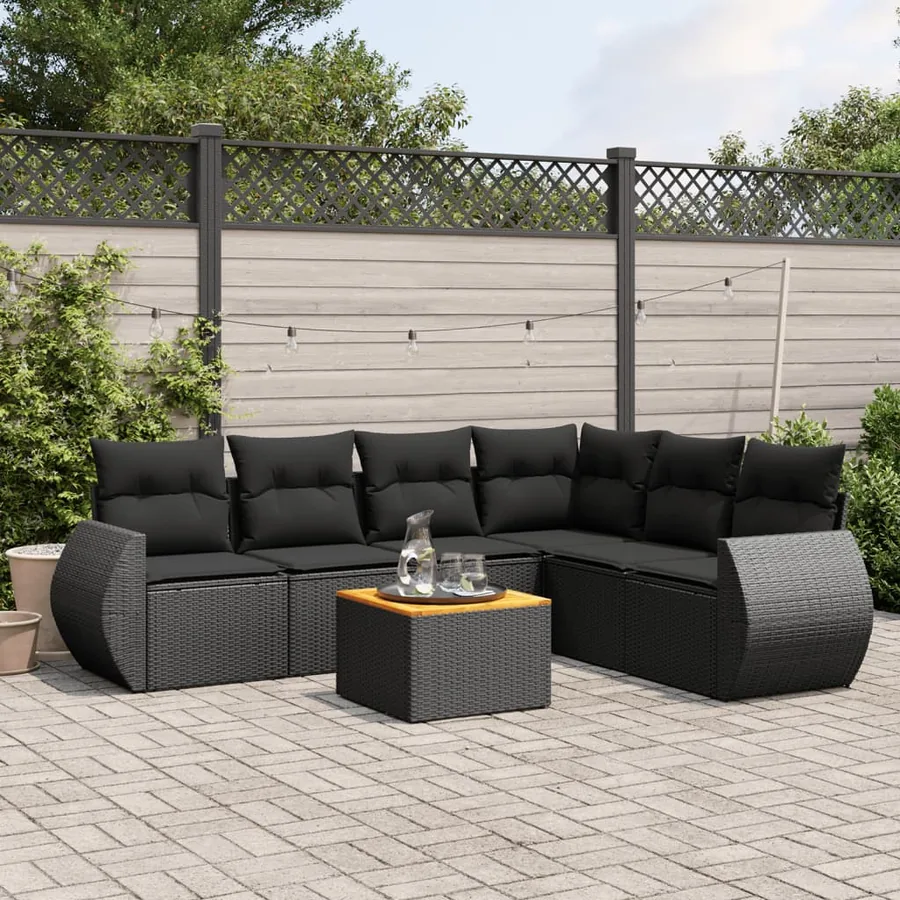Salon de jardin 7 pcs avec coussins noir résine tressée 62 x 62 x 69 cm - 60,2 kg