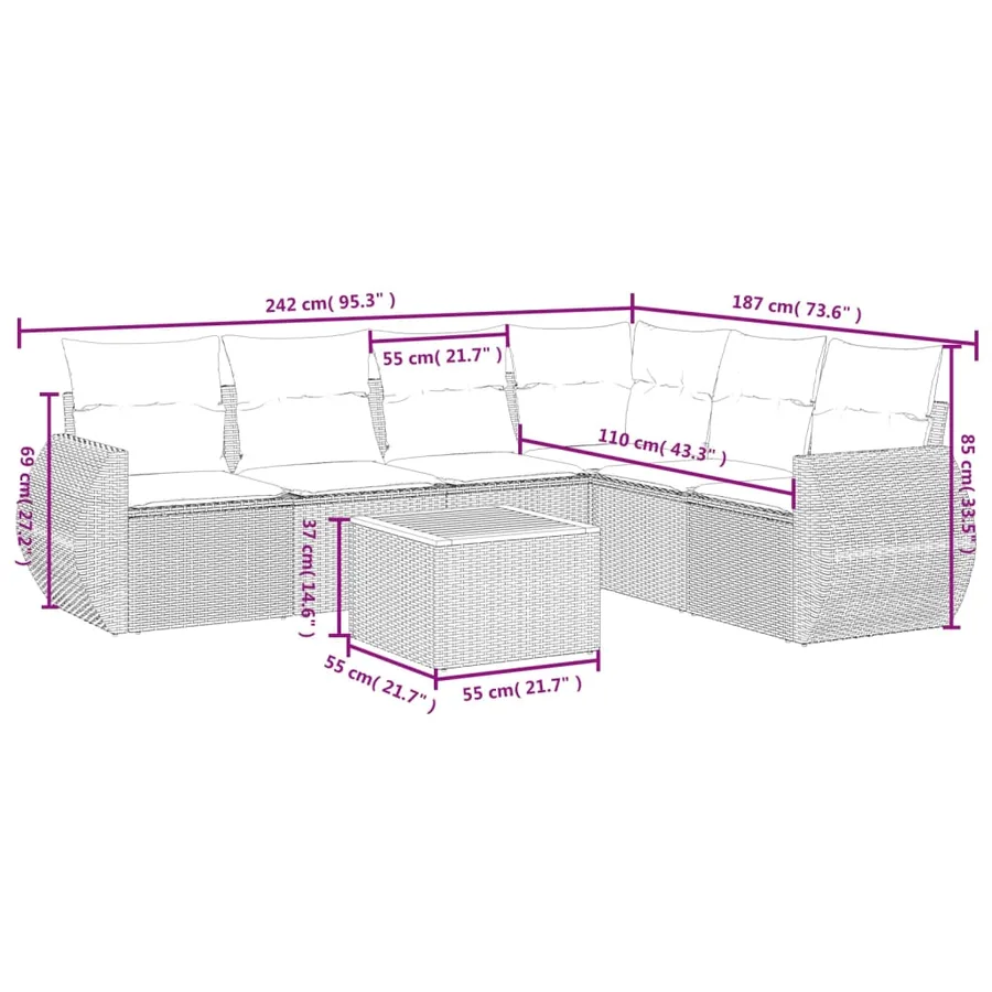 Salon de jardin 7 pcs avec coussins noir résine tressée 62 x 62 x 69 cm - 60,2 kg - 3