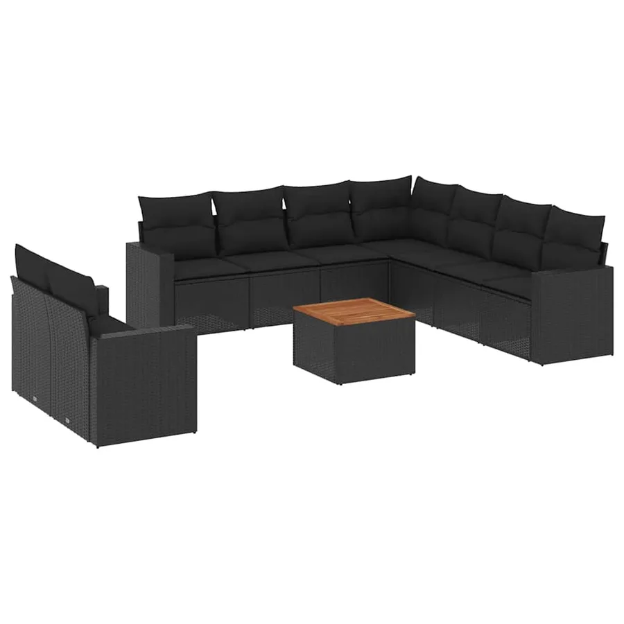 Salon de jardin 10 pcs avec coussins noir résine tressée - 2