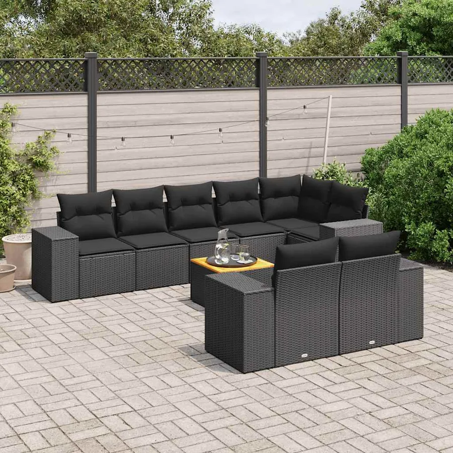 Salon de jardin 9 pcs avec coussins noir résine tressée