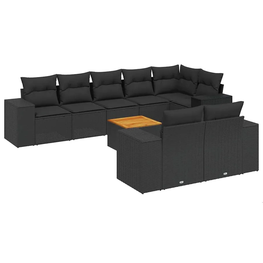 Salon de jardin 9 pcs avec coussins noir résine tressée - 2