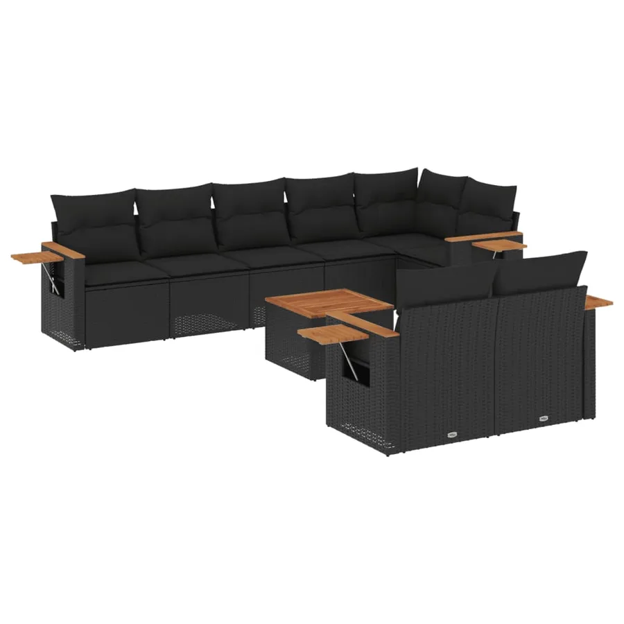 Salon de jardin 9 pcs avec coussins noir résine tressée - 2