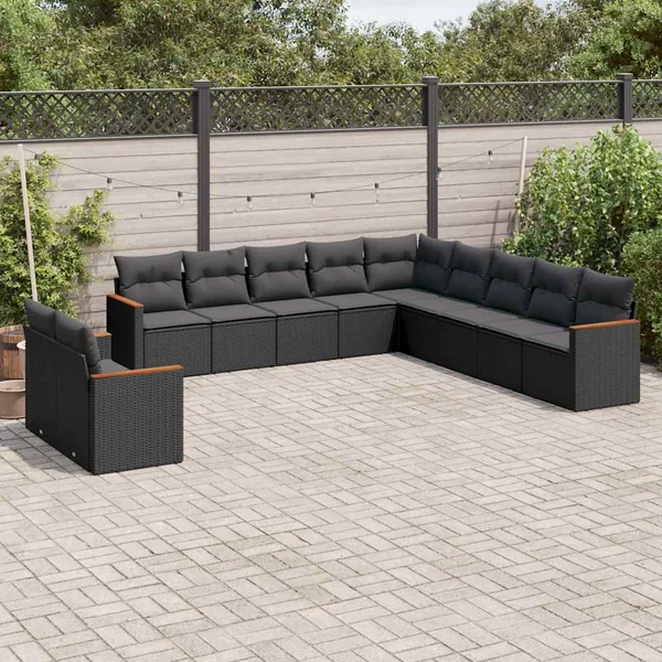 Salon de jardin 11 pcs avec coussins noir résine tressée