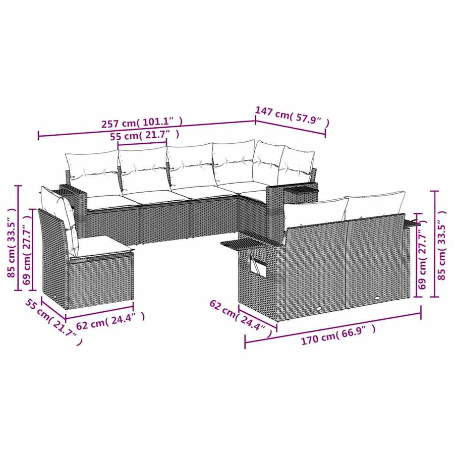 Salon de jardin 8 pcs avec coussins noir résine tressée - 3