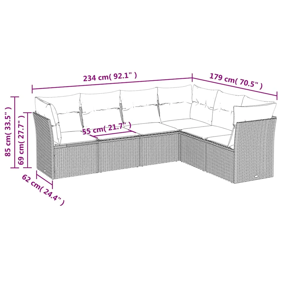 Salon de jardin 6 pcs avec coussins noir résine tressée - 3