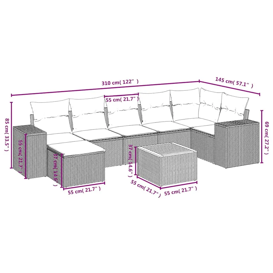 Salon de jardin 8 pcs avec coussins noir résine tressée - 3
