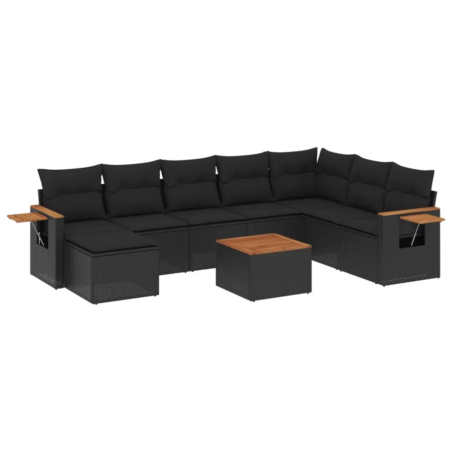 Salon de jardin 9 pcs avec coussins noir résine tressée - 2