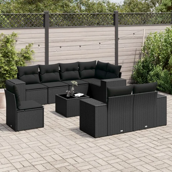 Salon de jardin 9 pcs avec coussins noir résine tressée