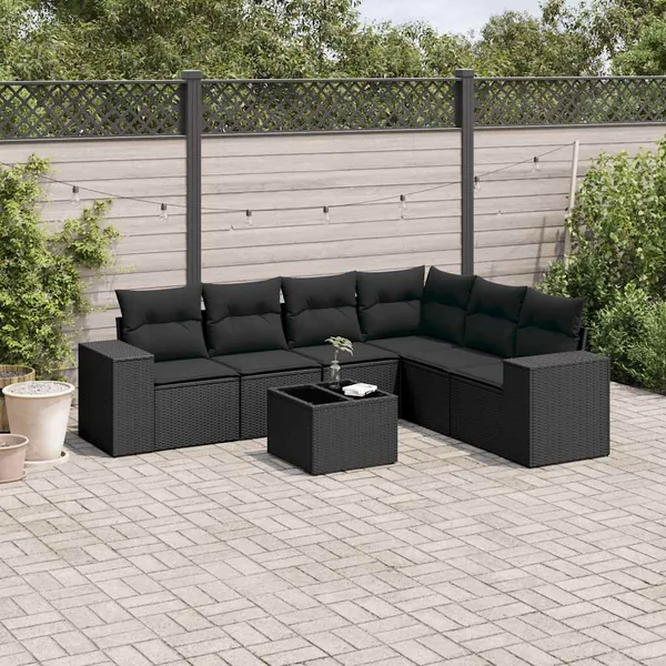 Salon de jardin 7 pcs avec coussins noir résine tressée 62 x 62 x 69 cm - 58,9 kg