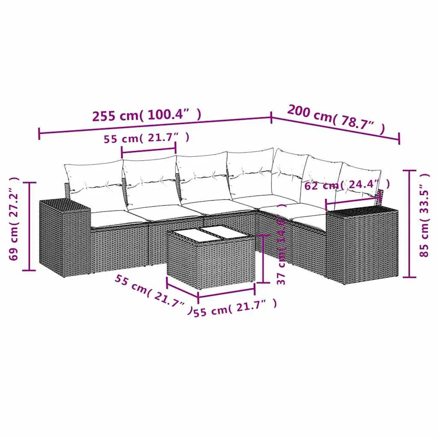 Salon de jardin 7 pcs avec coussins noir résine tressée 62 x 62 x 69 cm - 58,9 kg - 8