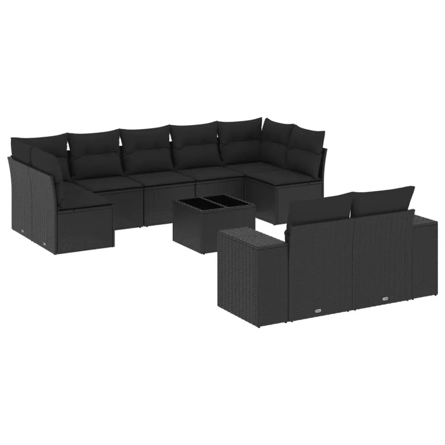 Salon de jardin 10 pcs avec coussins noir résine tressée - 2