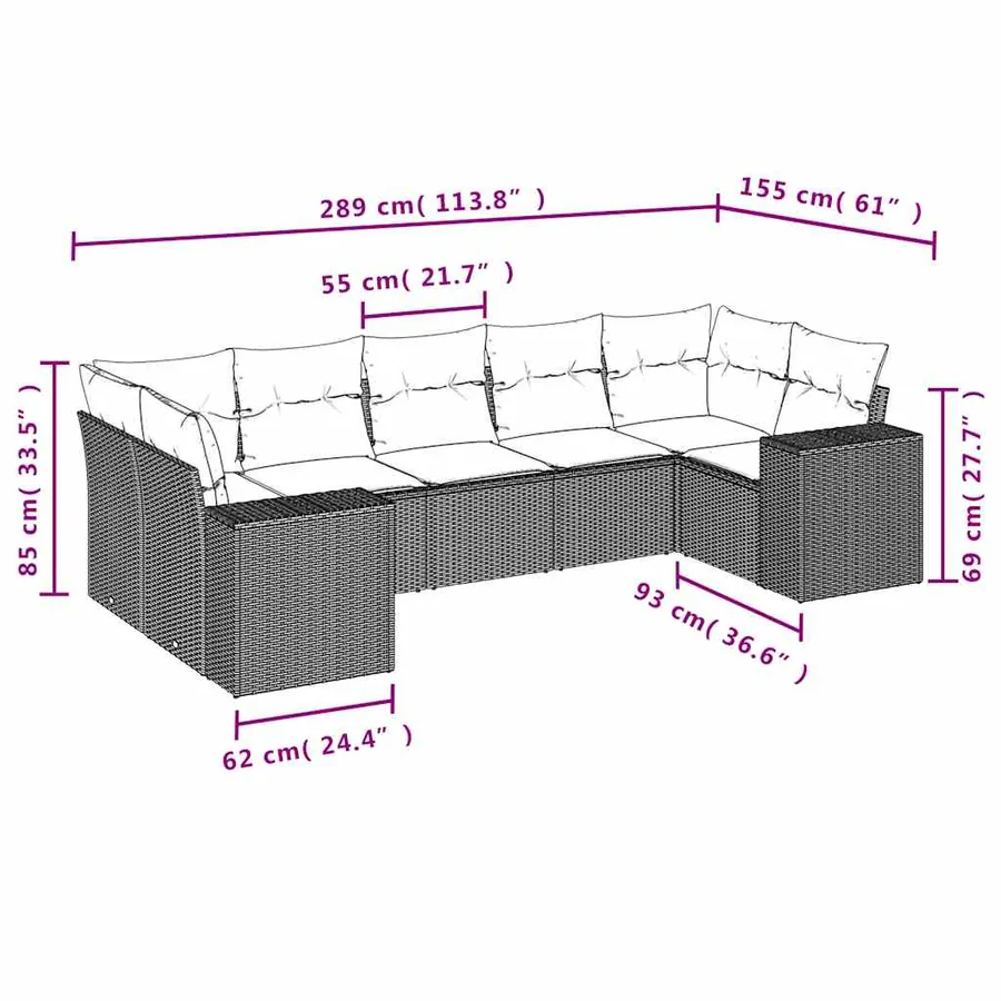Salon de jardin 7 pcs avec coussins noir résine tressée 62 x 62 x 69 cm - 60,9 kg - 7