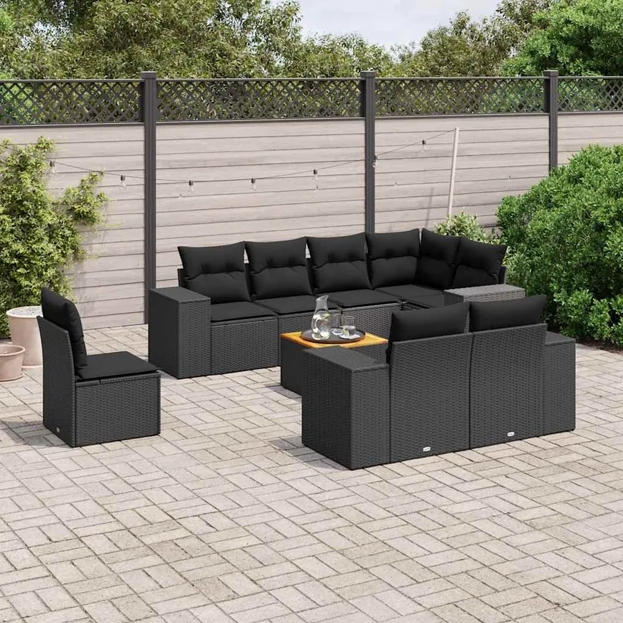 Salon de jardin 9 pcs avec coussins noir résine tressée