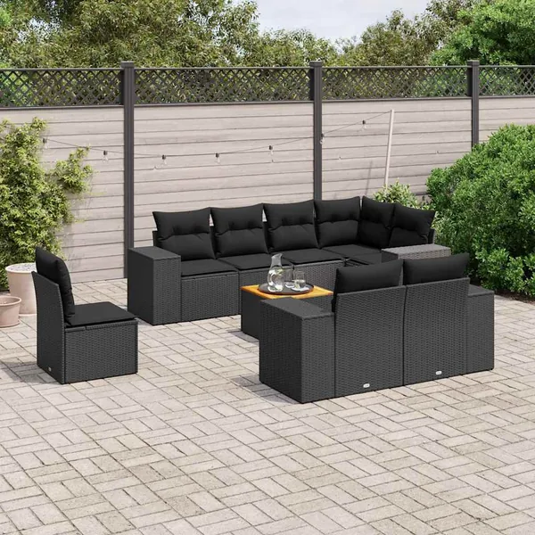 Salon de jardin 9 pcs avec coussins noir résine tressée