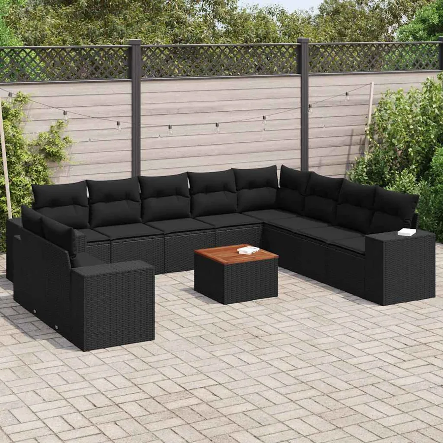 Salon de jardin 11 pcs avec coussins noir résine tressée