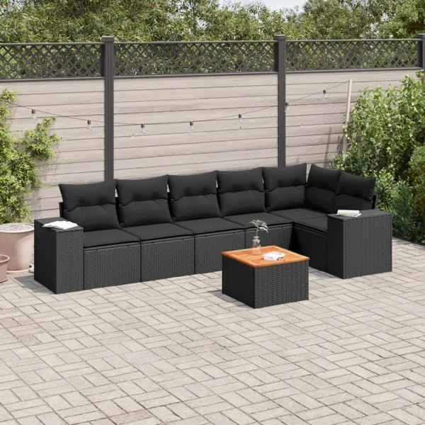 Salon de jardin 7 pcs avec coussins noir résine tressée 62 x 62 x 69 cm - 58,1 kg