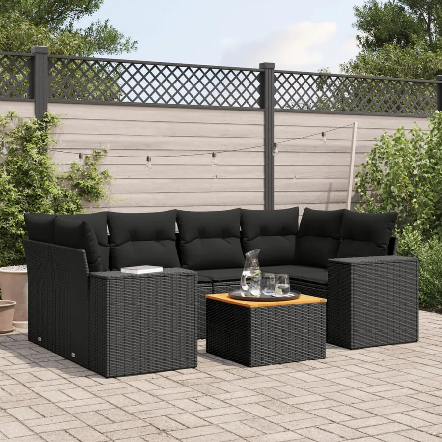 Salon de jardin 7 pcs avec coussins noir résine tressée 62 x 62 x 69 cm - 61,9 kg