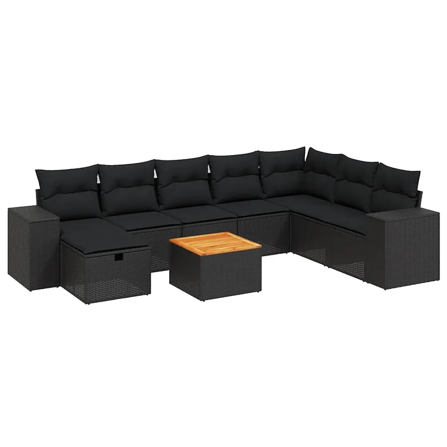 Salon de jardin 9 pcs avec coussins noir résine tressée - 2
