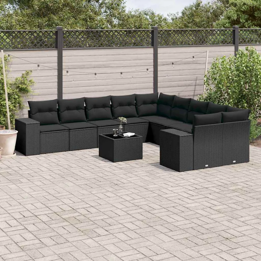 Salon de jardin 11 pcs avec coussins noir résine tressée