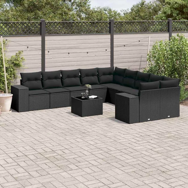 Salon de jardin 11 pcs avec coussins noir résine tressée