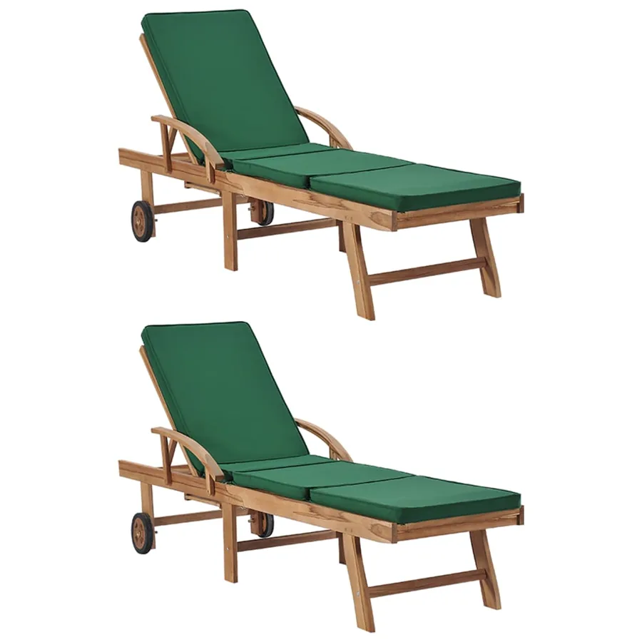 Chaises longues avec coussins 2 pcs Bois de teck solide Vert