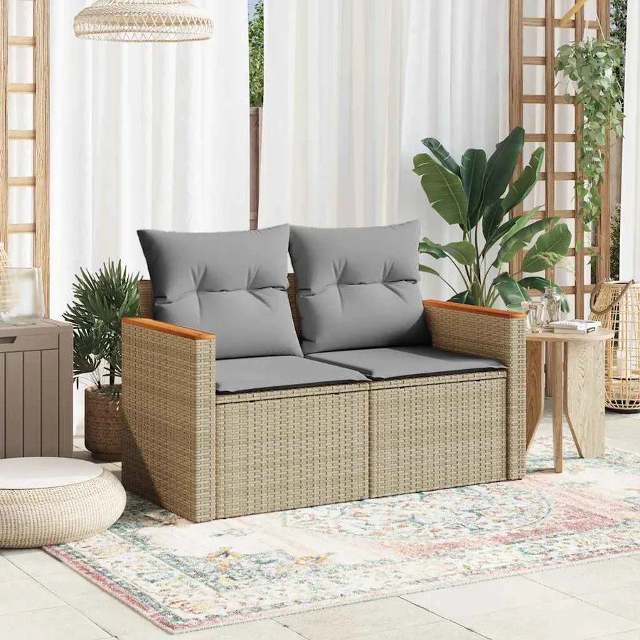 Canapé de jardin avec coussins 2 places beige résine tressée - 3