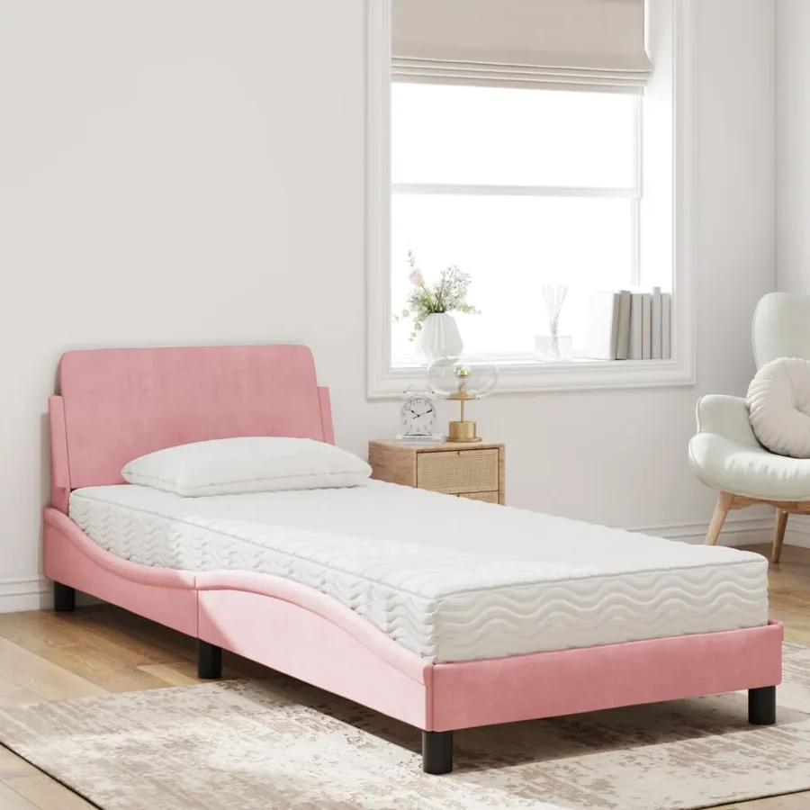 Lit avec matelas Dover rose 80x200 cm velours - 3