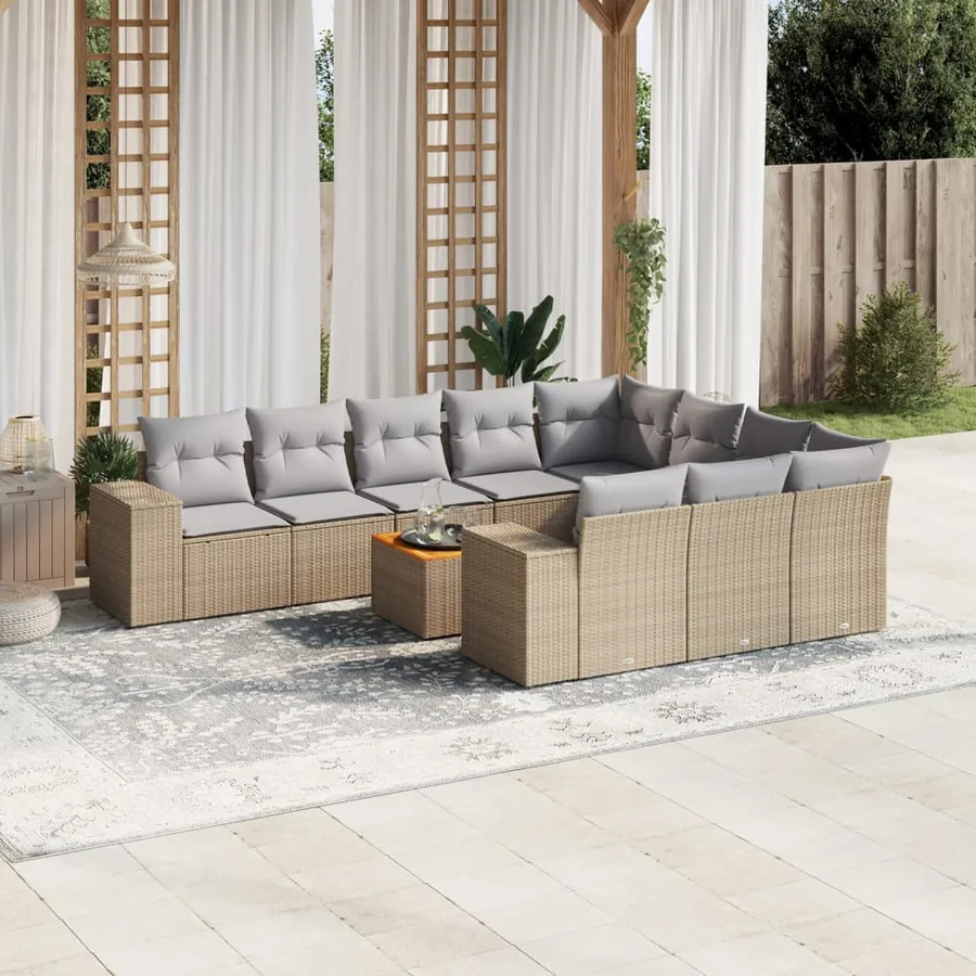 Salon de jardin 11 pcs avec coussins beige résine tressée